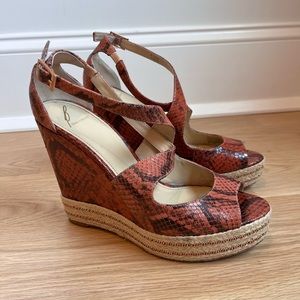 Brian Atwood wedges, snake skin with chain detail